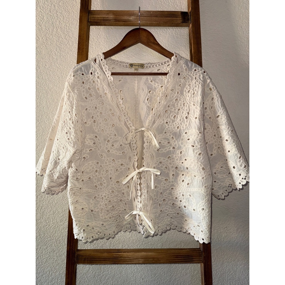 Democracy Cream Eyelet Lace Tie Front Shrug Cardigan Cotton Boho Cottagecore L